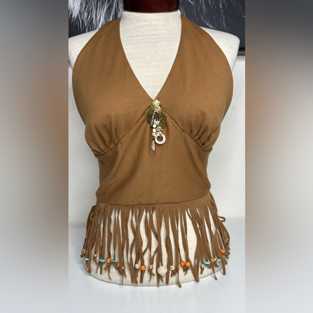 Women's Halter Fringe Crop Top Brown Beaded Hippie Festival Fashion Unique Fun